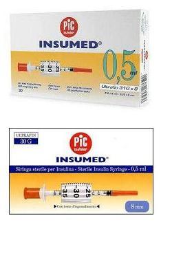 SIRINGA PER INSULINA PIC INSUMED 0,5 ML 100 UI AGO GAUGE 30 LUNGHEZZA 8 MM SENZA SPAZIO MORTO 3 SACCHETTI DA 10 PEZZI - farmaidea24.com