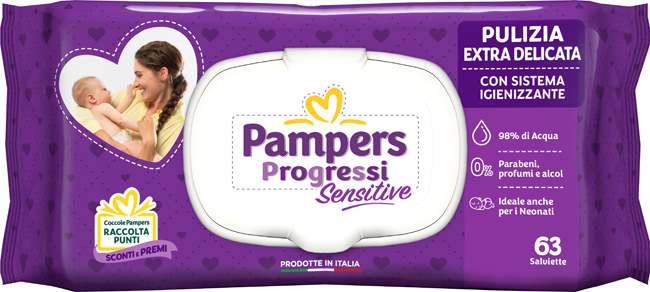 PAMPERS PROGRESSI SALVIETTE SENSITIVE ALOE RICARICA 63 PEZZI - farmaidea24.com