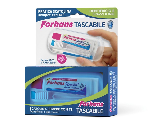 FORHANS TRAVEL KIT TASCABILE COMPOSTO DA SPAZZOLINO DA VIAGGIO + FORHANS SPECIAL PASTA DENTIFRICIA TUBETTO 12,5 ML - farmaidea24.com