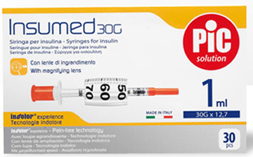 SIRINGA INSULINA PIC INSUMED 1 ML 100 UI AGO GAUGE 30 12,7 MM SENZA SPAZIO MORTO 30 PEZZI - farmaidea24.com