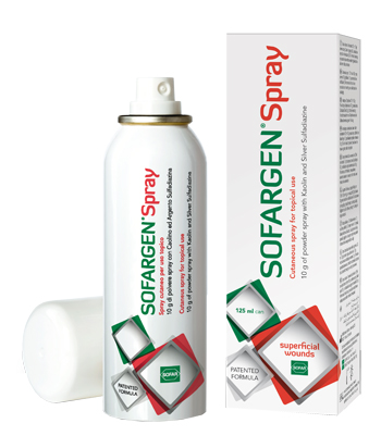 MEDICAZIONE IN POLVERE SPRAY CON CAOLINO E ARGENTO SULFADIAZINA 1% SOFARGEN SPRAY 10 G BOMBOLETTA PRESSURIZZATA 125 ML - farmaidea24.com