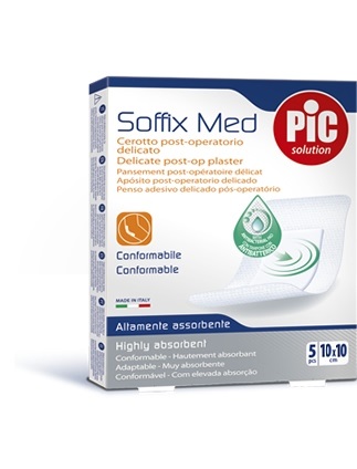 CEROTTO PIC SOFFIX MED IN TNT CON TAMPONE CENTRALE ASSORBENTE STERILE MONOUSO 10X10 CM ANTIBATTERICO 5 PEZZI - farmaidea24.com