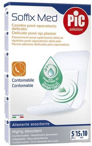 CEROTTO PIC SOFFIX MED IN TNT CON TAMPONE CENTRALE ASSORBENTE STERILE MONOUSO 10X15 CM ANTIBATTERICO 5 PEZZI - farmaidea24.com