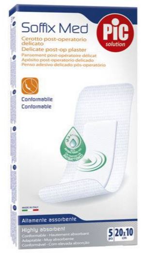 CEROTTO PIC SOFFIX MED IN TNT CON TAMPONE CENTRALE ASSORBENTE STERILE MONOUSO 10X20 CM ANTIBATTERICO 5 PEZZI - farmaidea24.com