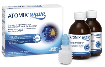 ATOMIX WAVE DISPOSITIVO PER IGIENE RINOFARINGEA ATOMIX SOLUZIONE SALINA 250 ML 2 PEZZI + TERMINALE NASALE + EROGATORE A SOFFIETTO - farmaidea24.com