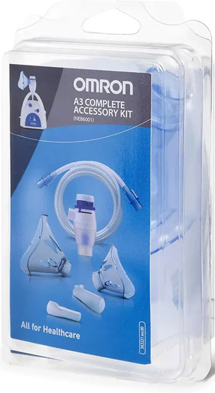 OMRON A3 COMPLETE KIT RICAMBIO AMPOLLA REGOLABILE + TUBO + MASCHERINA PEDIATRICA + MASCHERINA ADULTI + FORCELLE NASALI + BOCCAGLIO - farmaidea24.com