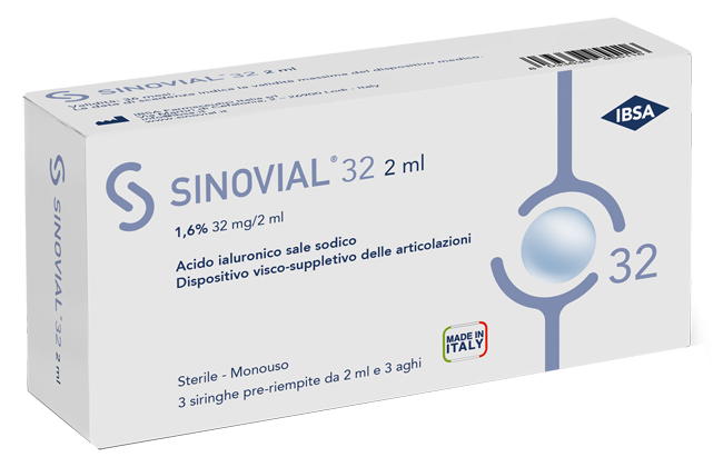 SIRINGA INTRA-ARTICOLARE SINOVIAL 32 ACIDO IALURONICO SALE SODICO 1,6% 32MG/2ML 3 SIRINGHE X 2ML + 3 AGHI - farmaidea24.com