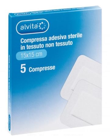 ALVITA GARZA COMPRESSA ADESIVA STERILE IN TESSUTO NON TESSUTO ESTENSIBILE BIANCO 15X15CM 5 PEZZI - farmaidea24.com