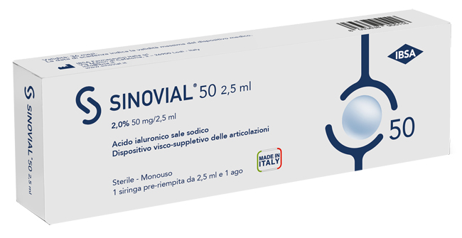 SIRINGA INTRA-ARTICOLARE SINOVIAL 50 ACIDO IALURONICO SALE SODICO 2% 50MG/2,5ML 2,5ML + AGO 21 GAUGE - farmaidea24.com