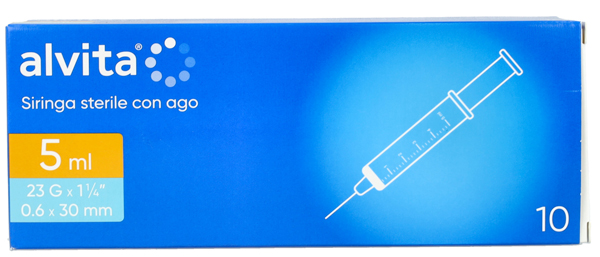 SIRINGA PER INFUSIONE E IRRIGAZIONE ALVITA 5 ML CON AGO 23 GAUGE 1 1/4 0,6X30MM 10 PEZZI - farmaidea24.com