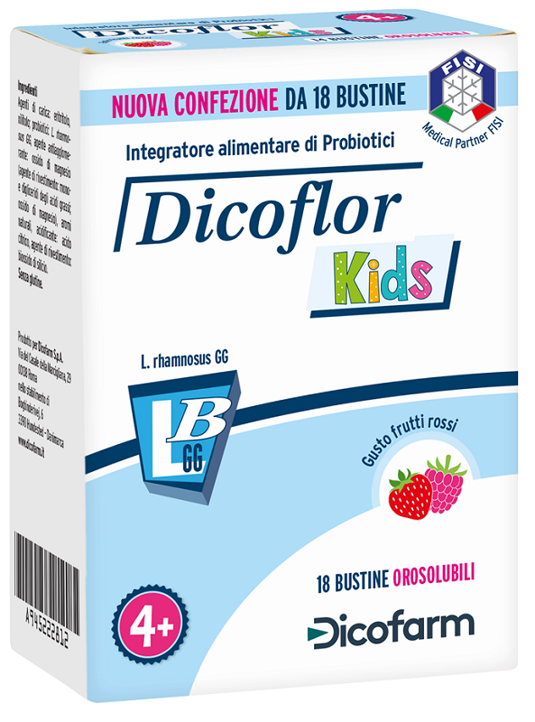 DICOFLOR KIDS 18 BUSTINE OROSOLUBILI GUSTO FRUTTI ROSSI - farmaidea24.com