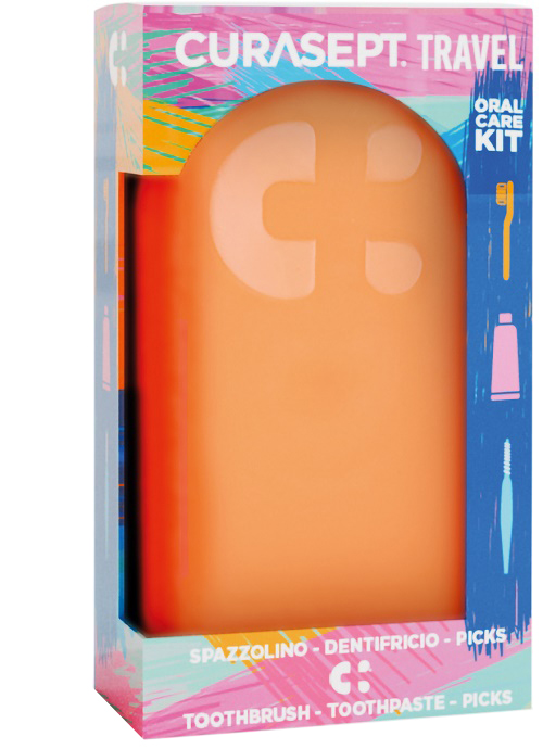 CURASEPT TRAVEL ARANCIO 1 SPAZZOLINO + 1 DENTIFRICIO 20 ML + 3 PICKS - farmaidea24.com