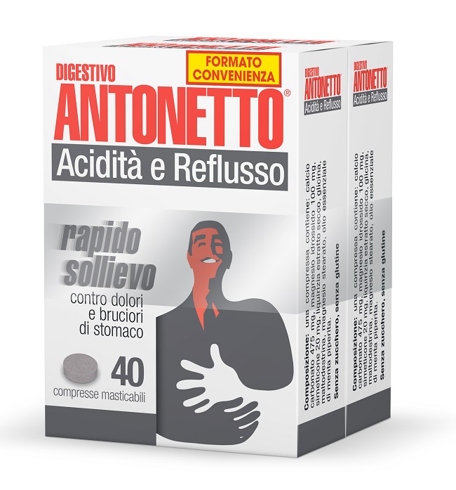 DIGESTIVO ANTONETTO ACIDITA' E REFLUSSO 80 COMPRESSE MASTICABILI 2 ASTUCCI DA 40 COMPRESSE - farmaidea24.com