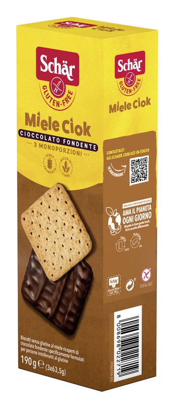 SCHAR MIELE CIOK BISCOTTI AL MIELE RICOPERTI DI CIOCCOLATO FONDENTE 3 PORZIONI DA 63,5 G - farmaidea24.com