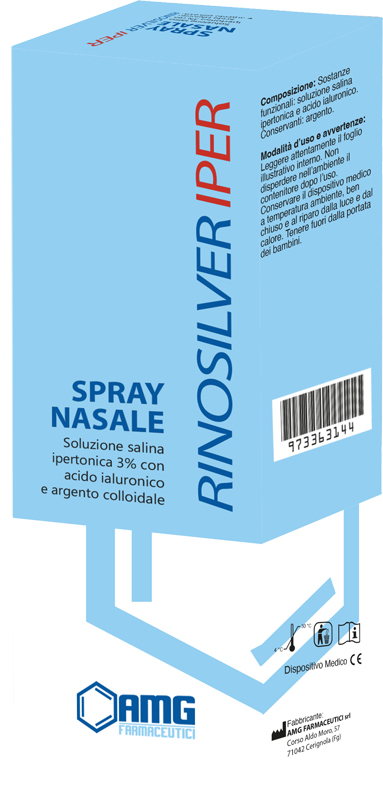 RINOSILVER SOLUZIONE SALINA IPERTONICA 3% CON ACIDO IALURONICO E ARGENTO COLLOIDALE SPRAY NASALE 20 ML - farmaidea24.com