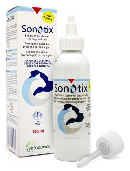 SONOTIX DETERGENTE AURICOLARE PROFONDO CANI E GATTI 120 ML + CANNULA CORTA RIGIDA + CANNULA LUNGA FLESSIBILE - farmaidea24.com