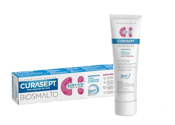 CURASEPT BIOSMALTO DENTIFRICIO BABY KID FRAGOLA CARIE ABRASIONE & EROSIONE 50 ML - farmaidea24.com