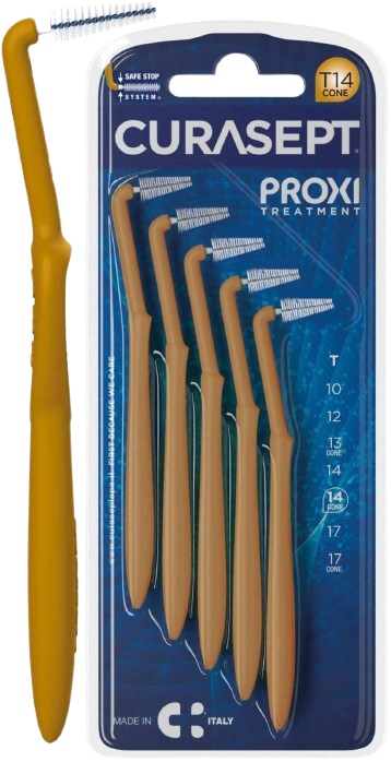 SCOVOLINO CURASEPT PROXI ANGLE MISURA T14 CONICO ISO 4 COLORE OCRA DIAMETRO 1,4 MM 5 PEZZI - farmaidea24.com