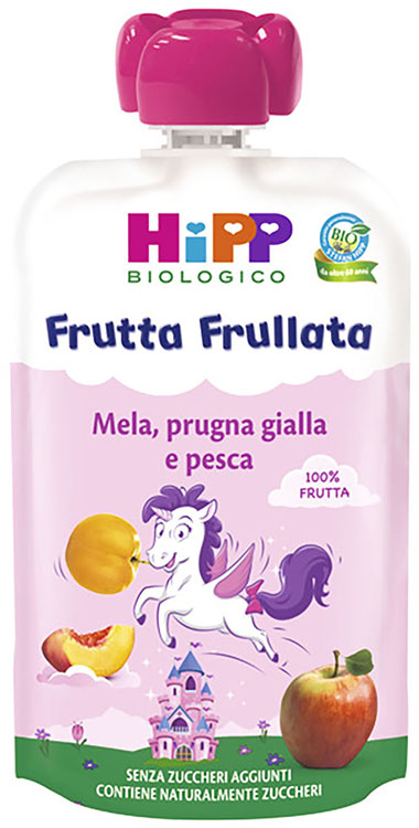 HIPP BIO FRUTTA FRULLATA UNICORNO MELA PRUGNA GIALLA PESCA 90 G - farmaidea24.com