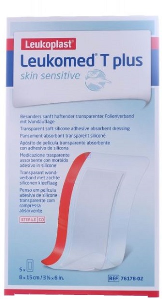 LEUKOMED T PLUS SKIN SENSITIVE MEDICAZIONE POST-OPERATORIA TRASPARENTE IMPERMEABILE CON MASSA ADESIVA AL SILICONE 8X15CM 5 PEZZI - farmaidea24.com