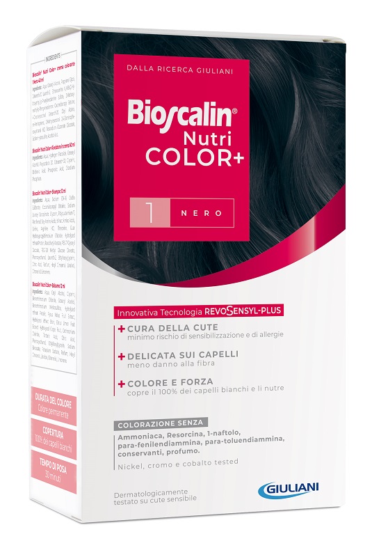 BIOSCALIN NUTRICOLOR PLUS 1 NERO CREMA COLORANTE 40 ML + RIVELATORE CREMA 60 ML + SHAMPOO 12 ML + TRATTAMENTO FINALE BALSAMO 12 ML - farmaidea24.com