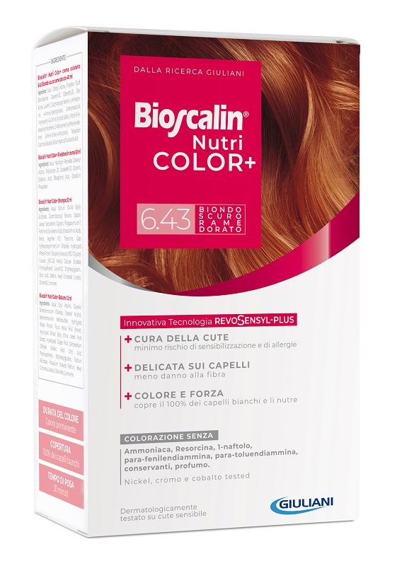 BIOSCALIN NUTRICOLOR PLUS 6,43 BIONDO SCURO RAME DORATO CREMA COLORANTE 40 ML + RIVELATORE CREMA 60 ML + SHAMPOO 12 ML + TRATTAMENTO FINALE BALSAMO 12 ML - farmaidea24.com