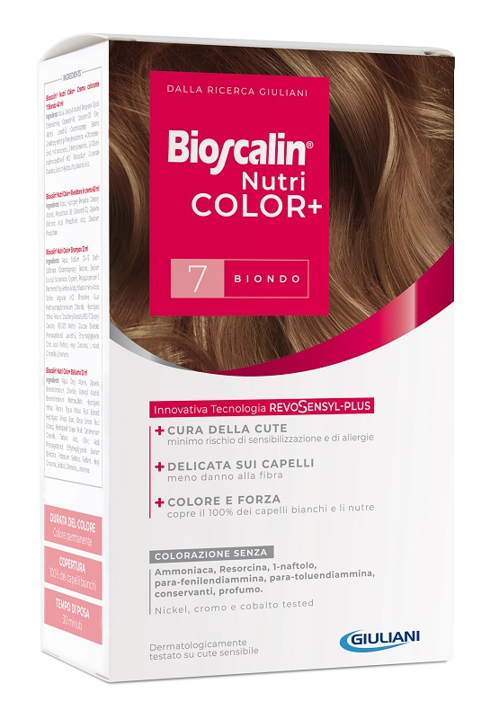 BIOSCALIN NUTRICOLOR PLUS 7 BIONDO CREMA COLORANTE 40 ML + RIVELATORE CREMA 60 ML + SHAMPOO 12 ML + TRATTAMENTO FINALE BALSAMO 12 ML - farmaidea24.com