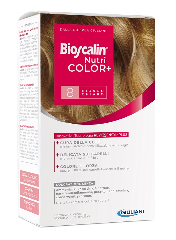 BIOSCALIN NUTRICOLOR PLUS 8 BIONDO CHIARO CREMA COLORANTE 40 ML + RIVELATORE CREMA 60 ML + SHAMPOO 12 ML + TRATTAMENTO FINALE BALSAMO 12 ML - farmaidea24.com