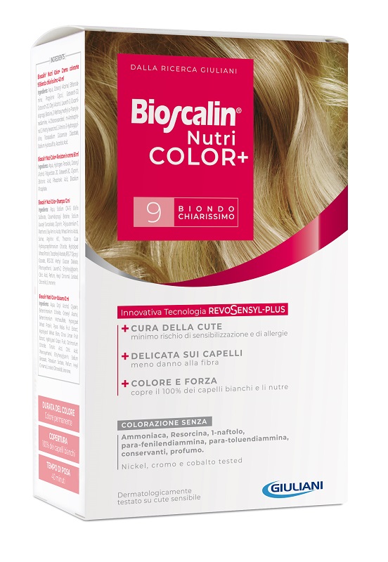 BIOSCALIN NUTRICOLOR PLUS 9 BIONDO CHIARISSIMO CREMA COLORANTE 40 ML + RIVELATORE CREMA 60 ML + SHAMPOO 12 ML + TRATTAMENTO FINALE BALSAMO 12 ML - farmaidea24.com