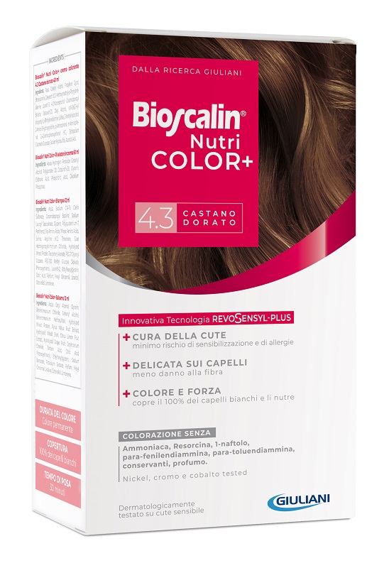BIOSCALIN NUTRICOLOR PLUS 4,3 CASTANO DORATO CREMA COLORANTE 40 ML + RIVELATORE CREMA 60 ML + SHAMPOO 12 ML + TRATTAMENTO FINALE BALSAMO 12 ML - farmaidea24.com