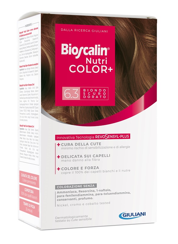BIOSCALIN NUTRICOLOR PLUS 6,3 BIONDO SCURO DORATO CREMA COLORANTE 40 ML + RIVELATORE CREMA 60 ML + SHAMPOO 12 ML + TRATTAMENTO FINALE BALSAMO 12 ML - farmaidea24.com