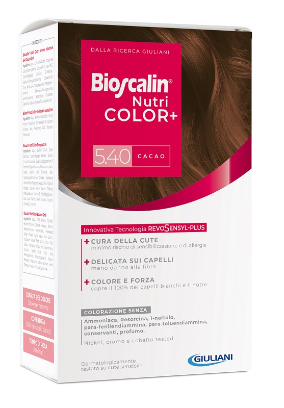 BIOSCALIN NUTRICOLOR PLUS 5,40 CACAO CREMA COLORANTE 40 ML + RIVELATORE CREMA 60 ML + SHAMPOO 12 ML + TRATTAMENTO FINALE BALSAMO 12 ML - farmaidea24.com