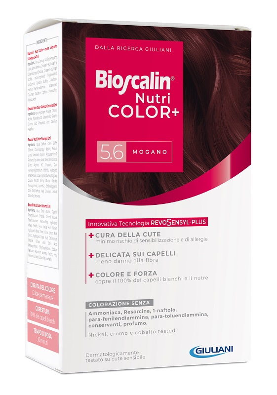 BIOSCALIN NUTRICOLOR PLUS 5,6 MOGANO CREMA COLORANTE 40 ML + RIVELATORE CREMA 60 ML + SHAMPOO 12 ML + TRATTAMENTO FINALE BALSAMO 12 ML - farmaidea24.com