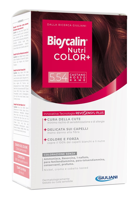 BIOSCALIN NUTRICOLOR PLUS 5,54 CASTANO ROSSO RAME CREMA COLORANTE 40 ML + RIVELATORE CREMA 60 ML + SHAMPOO 12 ML + TRATTAMENTO FINALE BALSAMO 12 ML - farmaidea24.com