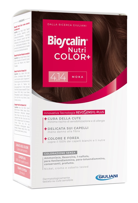 BIOSCALIN NUTRICOLOR PLUS 4,14 MOKA CREMA COLORANTE 40 ML + RIVELATORE CREMA 60 ML + SHAMPOO 12 ML + TRATTAMENTO FINALE BALSAMO 12 ML - farmaidea24.com