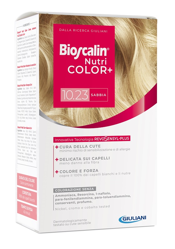 BIOSCALIN NUTRICOLOR PLUS 10,23 SABBIA CREMA COLORANTE 40 ML + RIVELATORE CREMA 60 ML + SHAMPOO 12 ML + TRATTAMENTO FINALE BALSAMO 12 ML - farmaidea24.com