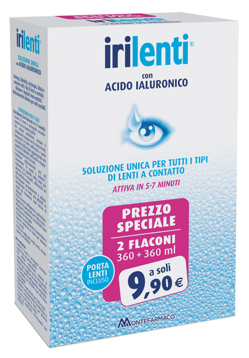 SOLUZIONE UNICA PER LENTI A CONTATTO IRILENTI CON ACIDO IALURONICO 2 FLACONI DA 360 ML + 360 ML - farmaidea24.com