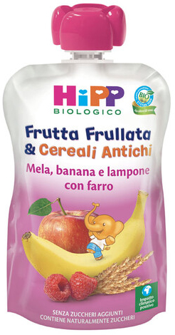 HIPP BIO FRUTTA FRULLATA&CEREALI ANTICHI MELA BANANA LAMPONE FARRO 90 G - farmaidea24.com