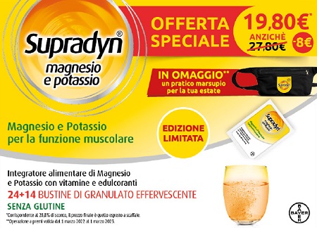SUPRADYN MAGNESIO/POTASSIO SPORT EDITION 1 SUPRADYN MAGNESI O&POTASSIO 24 BUSTE + 1 SUPRADYN MAGNESIO&POTASSIO 14 BUSTE MARSUPIO OMAGGIO - farmaidea24.com