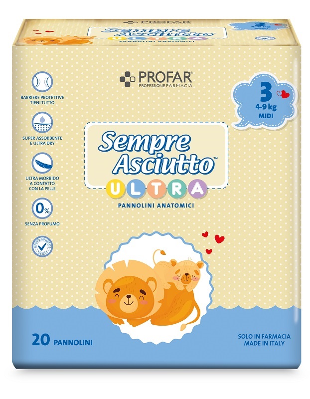 PANNOLINI PROFAR SEMPRE ASCIUTTO ULTRA MIDI 4/9 KG 20 PEZZI - farmaidea24.com