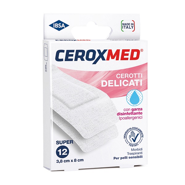 CEROTTI DELICATI CEROXMED CON GARZA DISINFETTANTE IPOALLERGENICI PER PELLI SENSIBILI SUPER 3,8X8CM 12 PEZZI - farmaidea24.com