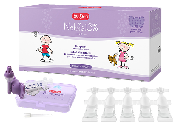 NEBIAL 3% KIT 20 FLACONCINI MONODOSE 5ML SOLUZIONE IPERTONICA CON ACIDO IALURONICO + NEBULIZZATORE SPRAY-SOL - farmaidea24.com