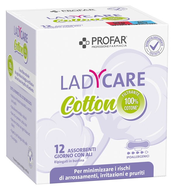 LADYCARE ASSORBENTI COTTON IPOALLERGENICI GIORNO CON ALI 12 PEZZI PROFAR - farmaidea24.com
