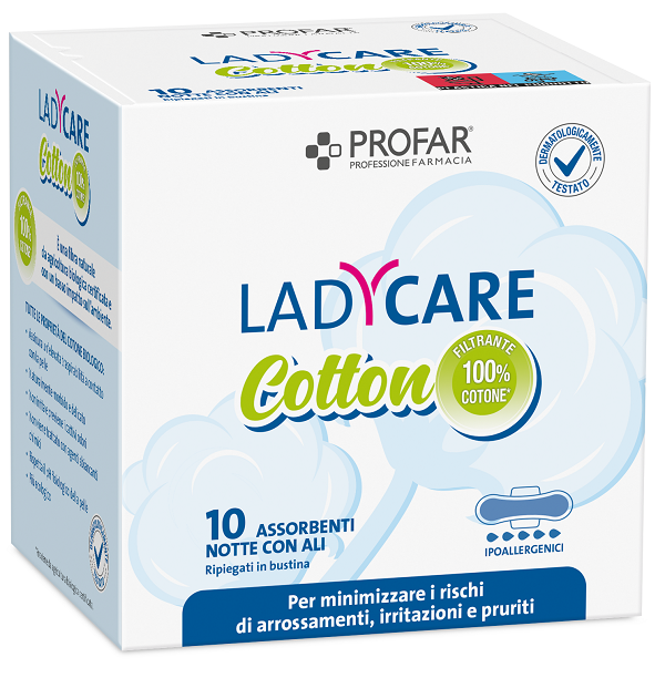 LADYCARE ASSORBENTI COTTON IPOALLERGENICI NOTTE CON ALI 10 PEZZI PROFAR - farmaidea24.com