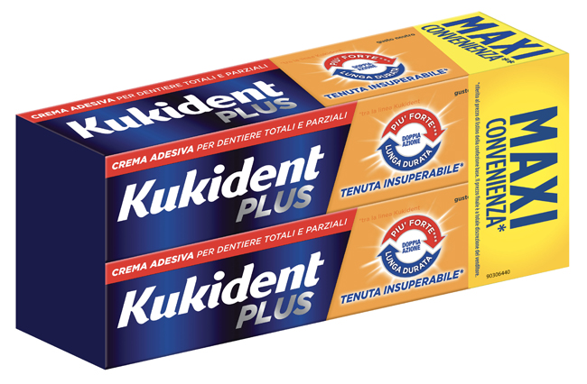 KUKIDENT PLUS DOPPIA AZIONE TENUTA INSUPERABILE CREMA ADESIVA DENTIERE 2X65 G - farmaidea24.com
