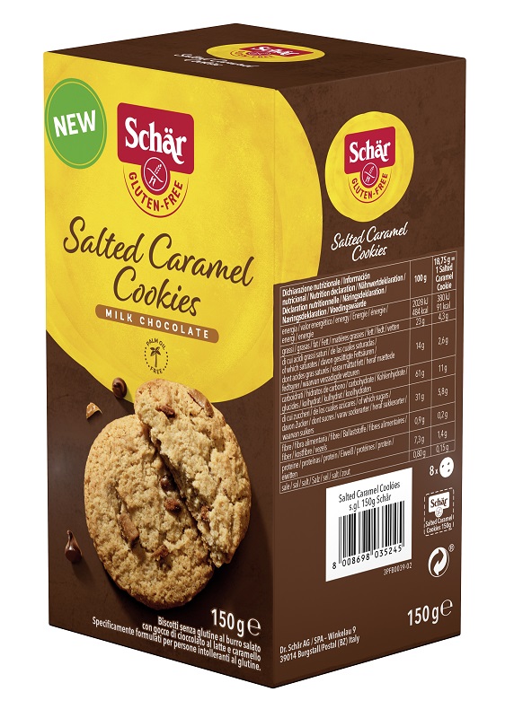 SCHAR SALTED CARAMEL COOKIES CON GOCCE DI CIOCCOLATO AL LATTE E CARAMELLO 150 G - farmaidea24.com