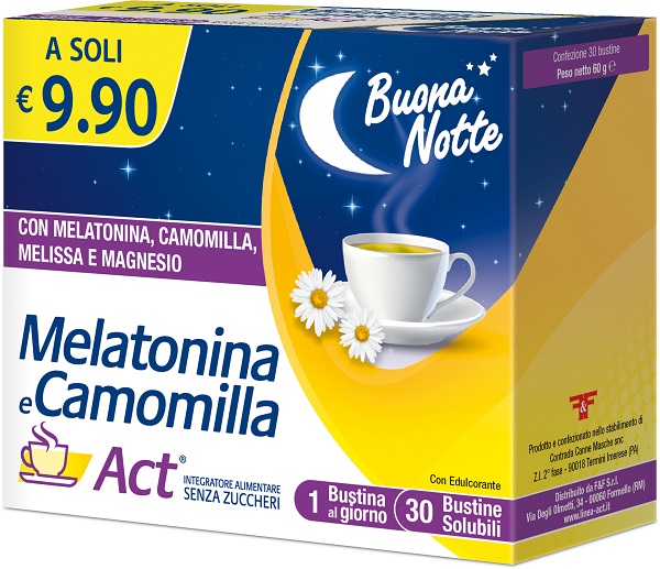 MELATONINA E CAMOMILLA ACT 30 BUSTINE SOLUBILI SENZA ZUCCHERI - farmaidea24.com