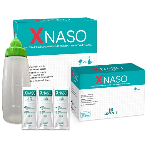 SOLUZIONE SALINA CON PEG 3350 E SALI PER IRRIGAZIONE NASALE XNASO 30 BUSTINE + 1 EROGATORE - farmaidea24.com