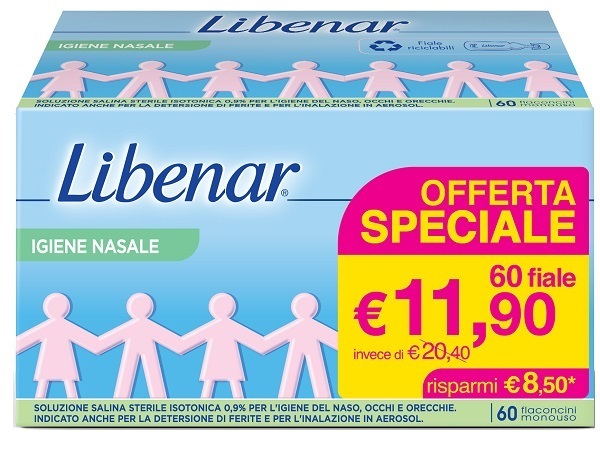 SOLUZIONE SALINA ISOTONICA 0,9% LIBENAR PER IGIENE NASALE 60 FLACONCINI MONOUSO X 5 ML - farmaidea24.com