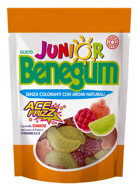 BENEGUM JUNIOR ACE FRIZZ CARAMELLE GOMMOSE CON SUCCO DI FRUTTA E VITAMINE A C E 90 G - farmaidea24.com